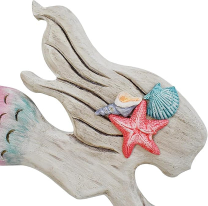 Morning View Wooden Mermaid Wall Decor Nautical Decoration Hanging Mermaid Plaque Large Wall Art Rustic Coastal Beach Ocean Sea for Bathroom Decor Home House 17X6.5 Inches (Pink)