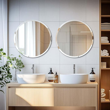 Frameless Round Wall Mirror: Decorative Mirrored Glass Vanity with Beveled Silver Edge for Bathroom Bedroom Livingroom Dining Room Entryway Hallway, 20 x 20 inch