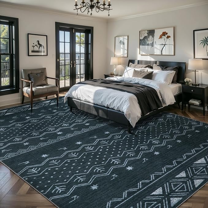 SERISSA 9x12 Area Rugs for Living Room, Washable Non-Slip Grey Boho Rug, Soft Low-Pile Geometric Indoor Large Carpet for Dining Room Bedroom Home Office Playroom