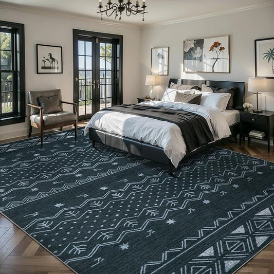 SERISSA 9x12 Area Rugs for Living Room, Washable Non-Slip Grey Boho Rug, Soft Low-Pile Geometric Indoor Large Carpet for Dining Room Bedroom Home Office Playroom