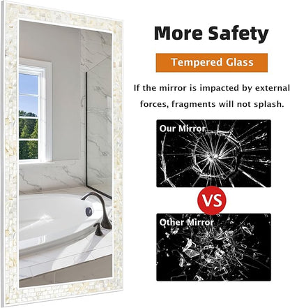 Tanmicoshomy White Framed Rectangle Mirrors 24 x 47 Inch, Coastal Wall Mirrors with Natural Shell for Bathroom, Bedroom or Entryway, Wall Mounted Horizontal or Vertical