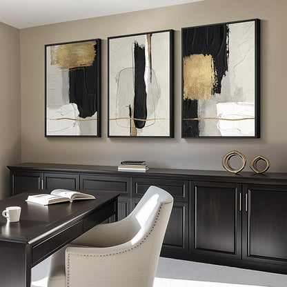 Large Framed Black and White Abstract Wall Art, 3 Piece Modern Canvas Prints Paintings Artwork for Walls, Minimalist Black Beige Gold Pictures for LIving Room Bedroom Office Wall Decor Total 30x60 In
