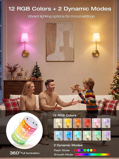 CLOUDY BAY 10000mAh Battery Operated Wall Sconces,Up to 100 Hours with Rechargeable RGB Dimmable Magnetic Bulb,Cordless Wall Lighting Fixtures with Remote for Bedroom,Soft Gold,2 Pack-17.9inch