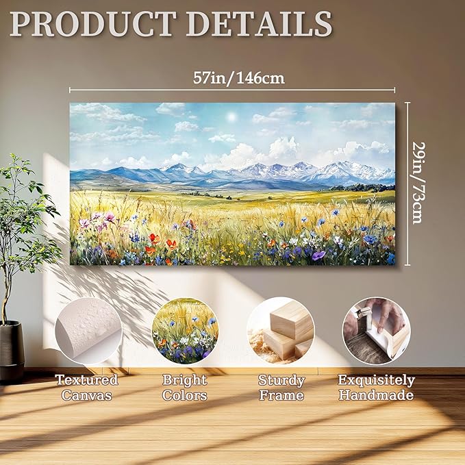 SERIMINO Outdoor Landscape Large Wall Art, Nature Country Scenic Canvas Art Prints, Meadow Wildflowers Big Artwork for Walls, Mountain Cloud Sunlit Pictures for Living Room Dining Room 29"X57"