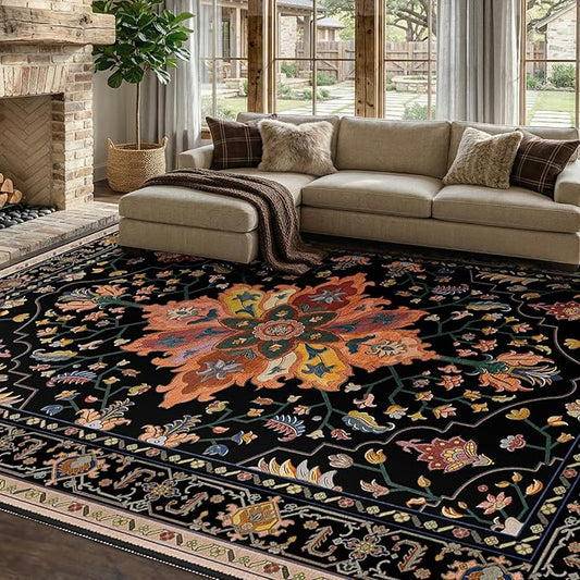 RELEANY Area Rugs 7'x9' Washable Non-Slip, Floral Vintage Distress Print Pattern Medallion Carpet for Living Room Bedroom Dining Room, Black Colorful Floral Dark Tan