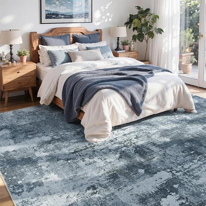 8x10 Ft Large Area Rugs for Living Room, Soft Non-Slip Washable Rugs Modern Abstract Pattern Carpet for Bedroom Indoor Floor Nursery Home Decor (Blue Grey)