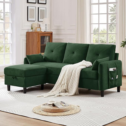 77" Convertible Sectional Sofa, Small L Shaped Couch with Storage Chaise, 3 Seats Modern Polyester Fabric Couches for Living Room, Apartment and Small Space, Green