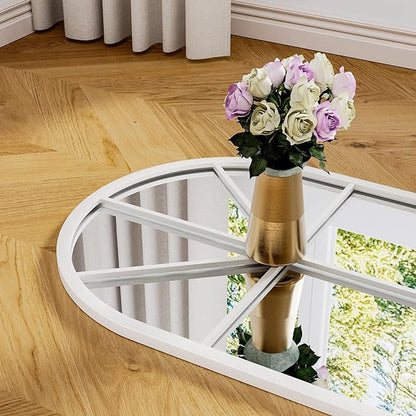 OGCAU Full Length Arched Floor Mirror, 65"x22" Window Pane Design, Decorative Hanging or Leaning, Full Body with Iron Frame for Bedroom Living Room (White)