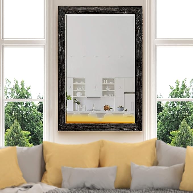 Wexford Home Black Rustic Mirror Rectangular Barnwood Framed Wall Mirror for Home Decor, Vertical or Horizontal Hanging, 41x29