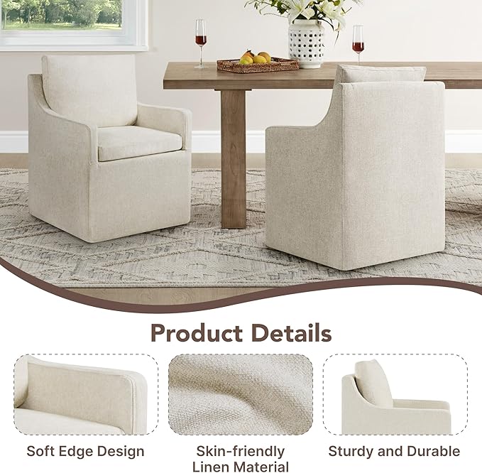 KISLOT Upholstered Dining Chairs Set of 2, Modern Dining Room Chairs with Casters & Washable Cover, Rolling Accent Chair with Hidden Storage for Kitchen, Farmhouse, Living Room, Beige, 2 Box