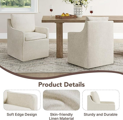 KISLOT Upholstered Dining Chairs Set of 2, Modern Dining Room Chairs with Casters & Washable Cover, Rolling Accent Chair with Hidden Storage for Kitchen, Farmhouse, Living Room, Beige, 2 Box