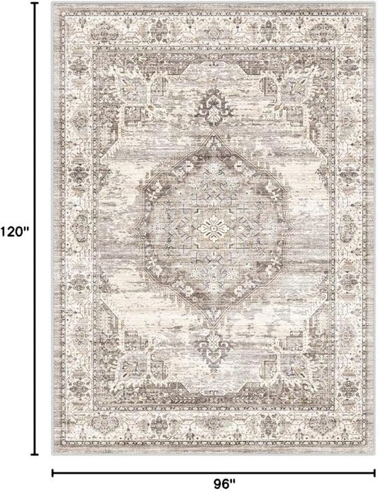 Washable Living Room Area Rug：8x10 Bedroom Rugs - Farmhouse Distressed Printed Floral Carpet - Foldable Non-Shedding Floor Carpet for Dining Room 8'x10' Beige
