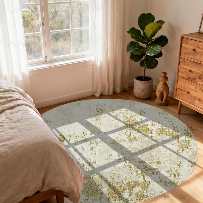 ROYHOME Modern Abstract 8x8 Round Area Rug Non Slip Non Shedding Rug Low Pile Stain Resistant for Bedroom Living Room Office Dining Room,Golden Grey