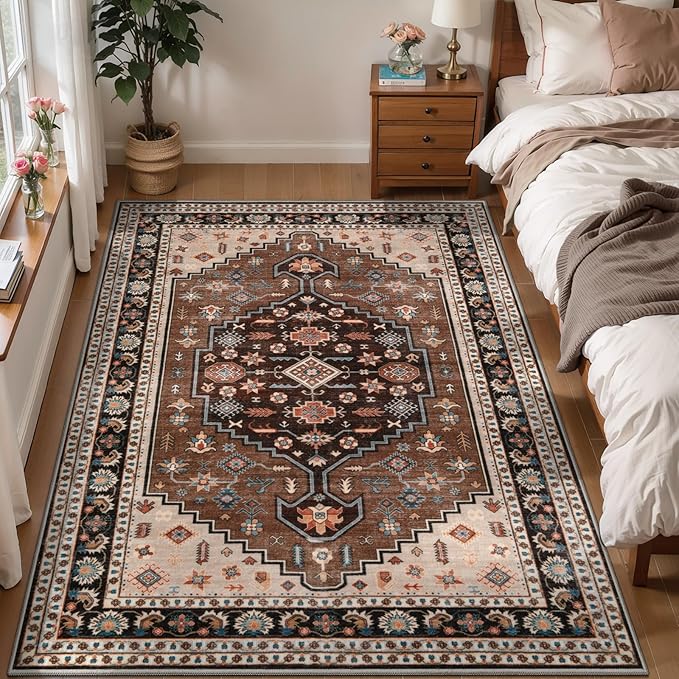 Tangsoo Vintage 4x6 Rug for Living Room,Washable Indoor Area Rug Brown Beige Non-Slip Rubber Backing Soft Low Pile Carpet for Front Porch Dining Room Patio Bedroom