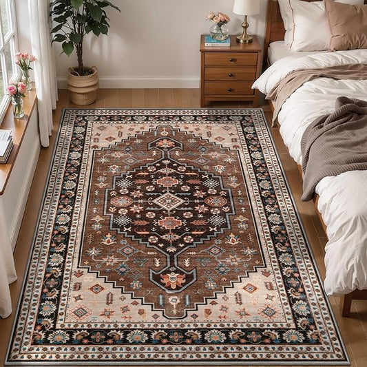 Tangsoo Vintage 4x6 Rug for Living Room,Washable Indoor Area Rug Brown Beige Non-Slip Rubber Backing Soft Low Pile Carpet for Front Porch Dining Room Patio Bedroom