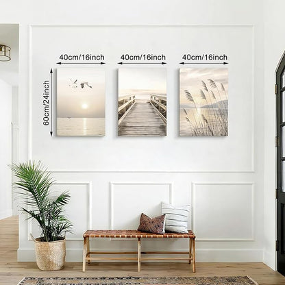 WENGTIAO 3Pcs Seascape Wall Art Beige Reeds Sunset Canvas Paintings Ocean Beach Scenic Prints Pictures Rustic Bridge Boardwalk Wall Decor Seagulls Artwork Posters for Living Room Bedroom 16”x24”x3