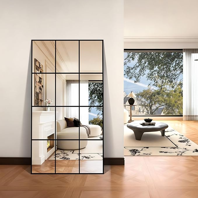 YIROMAN Window Pane Mirror, 30x55 Inch Black Rectangular Decorative Wall Mirror, Large Window Metal Framed Mirrors for Bedroom Living Room Fireplace Entryway, Hanging or Leaning Against Wall