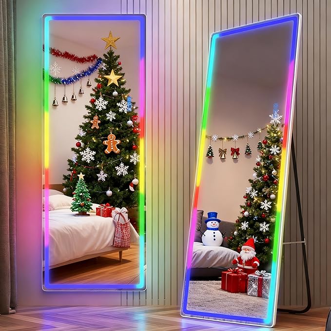LVSOMT 63 X 22 Full Length Mirror with Lights, Large Wall Mirror Full Length, RGB Led Mirror Full Length with Remote Control, Full Body Mirror for Bedroom Living Room Cloakroom, White