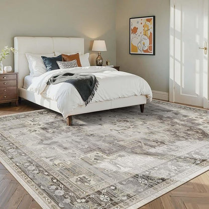 Rugxara 5X7 Washable Area Rug for Living Room, Vintage Large Boho Rugs for Office, Dining Room, Kids Room, Farmhouse, Durable Low Pile Non Slip Carpet for High Traffic Areas, Brown