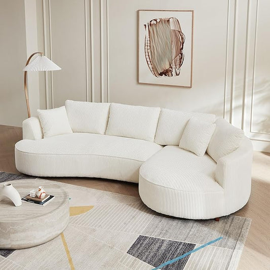 WILLIAMSPACE 122" Modern Curved Sofa Couch, Upholstery Oversized Cloud Sofa with Chaise & Pillows, Right Hand Facing Sectional Couch for Living Room (Right-Facing,White Corduroy)