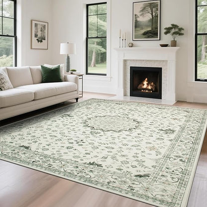 Srugn Washable Rugs 8x10 Area Rugs for Living Room,Rugs for Bedroom,Large Carpets,Ultra Soft Faux Wool Retro Dining Room Rug,Non Slip&Non-Shedding Low Pile Vintage Print Rug for Home Office-Green