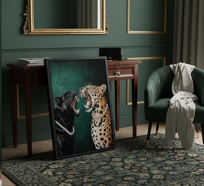Framed Cheetah Canvas Wall Art Emerald Green Vintage Leopard Painting Picture Wall Decor Wild Animals Poster Print Artwork for Bedroom Living Room Apartment Home Decoration