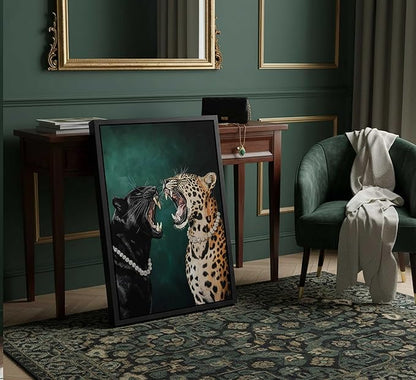 Framed Cheetah Canvas Wall Art Emerald Green Vintage Leopard Painting Picture Wall Decor Wild Animals Poster Print Artwork for Bedroom Living Room Apartment Home Decoration