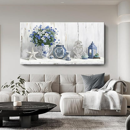 Nicetop Oversized Vintage Wall Art – Rustic Coastal Still Life Floral Canvas Print Country Farmhouse Cottagecore Shabby Chic Style Botanical Artwork Blue Picture for Large Living Room Kitchen 58x29Inch