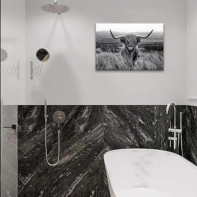Highland Cow Wall Art Canvas Black and White Artwork Canvas Picture Highland Cow Prints Paintings Wall Decor Framed for Living Room Bathroom (20x30 inch)
