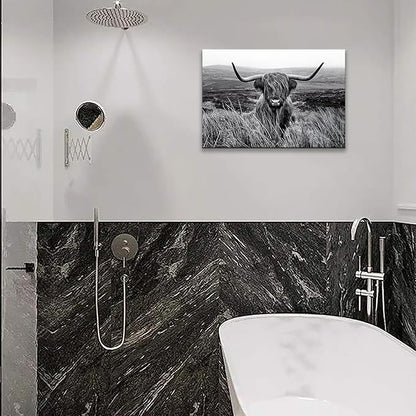 Highland Cow Wall Art Black and White Animal Wall Decor Canvas Cow Picture Highland Cow Prints Paintings Framed for Living Room Bathroom (12x16 inch)