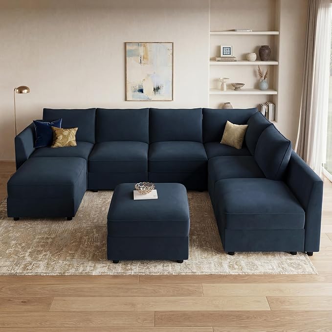 HONBAY Modular Sectional Couch U Shaped Sectional Sofa with Storage Velvet Convertible Sectional Couches for Living Room,Dark Blue