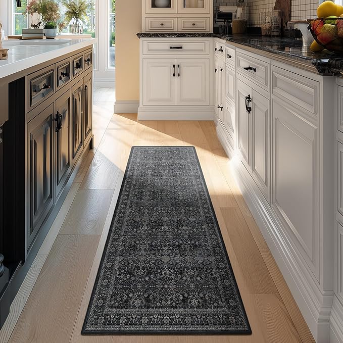 Vintage Dark 2x5 Rug Runners for Hallways, Non Slip Machine Washable Kitchen Runner, Low Pile Lightweight Carpet Runner for Entryway/Bathroom/Corridor/Laundry Room, Midnight