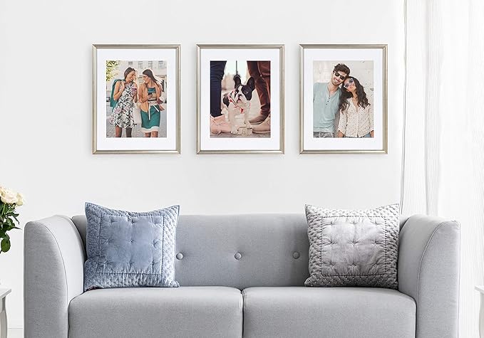 Kate and Laurel Adlynn Wall Picture Frame Set, 14" x 18" matted to 11" x 14", Warm Silver, Set of 3