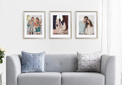 Kate and Laurel Adlynn Wall Picture Frame Set, 14" x 18" matted to 11" x 14", Warm Silver, Set of 3