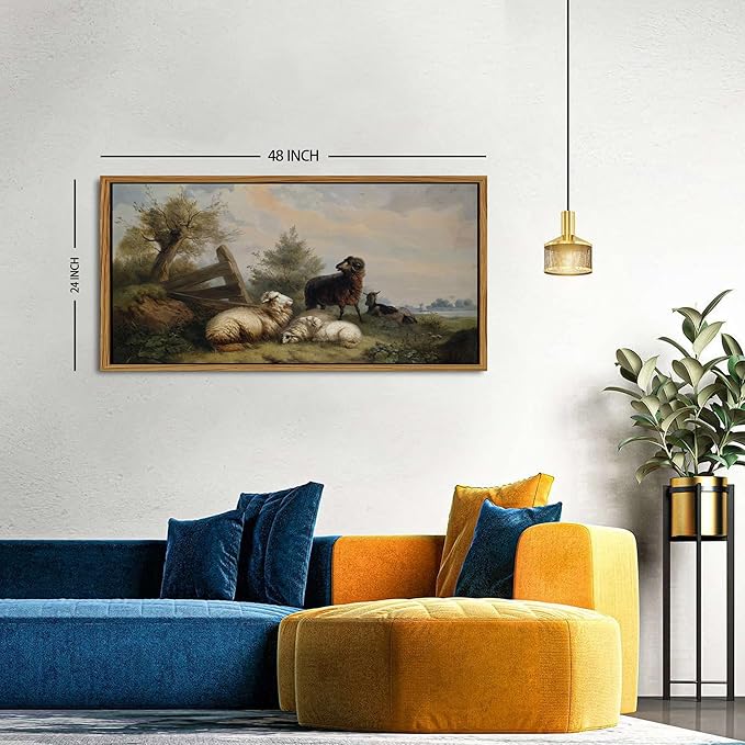 Country Landscape Framed Canvas Wall Art Vintage Sheep Prints Farm Meadow Pasture Scenery Wall Decor Retro Country Animal Trees Painting Countryside Artwork for Bathroom Nursery Home Decoration 24x48