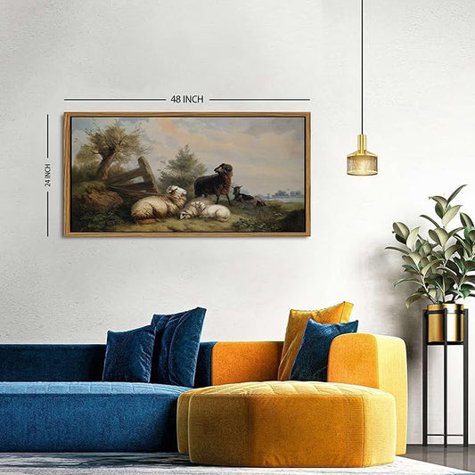 Country Landscape Framed Canvas Wall Art Vintage Sheep Prints Farm Meadow Pasture Scenery Wall Decor Retro Country Animal Trees Painting Countryside Artwork for Bathroom Nursery Home Decoration 24x48