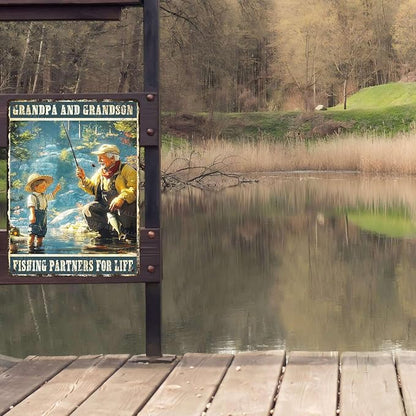 Fun Vintage Fishing Metal Sign Grandpa And Grandson Fishing Partners For Life Metal Poster Home Kitchen Garden Bar Pub Cafe Man Cave Rustic Aluminium Sign 12x16Inch