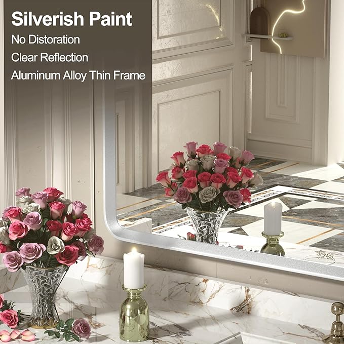 55x30 Silver Bathroom Mirror, Brushed Silver Vanity Mirror for Wall, Rounded Rectangle Mirror with Beveled Border, Anti-Rust, Shatterproof (Horizontal/Vertical)