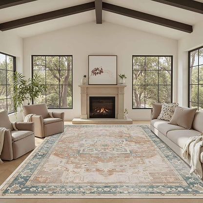 Rugxara 8X10 Orange Boho Rug,Large Washable Area Rugs for Living Room, Neutral Vintage for Office, Dining Room, Kids Room, Farmhouse, Low Pile Non Slip Carpet for High Traffic Areas, Coral