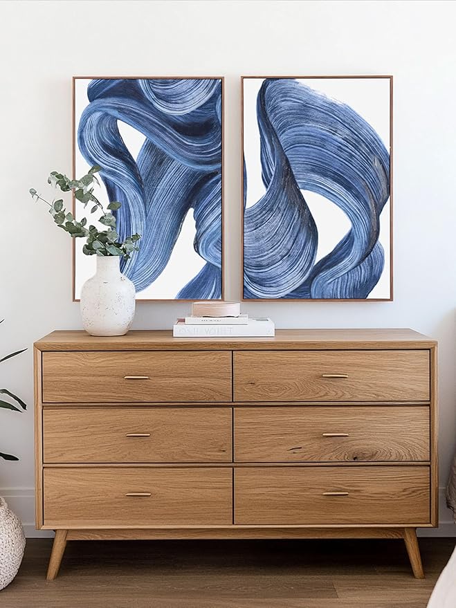 Zessonic Blue Abstract Wall Art Set of 2- Framed Twist Stroke Minimalist Graffiti on White Background Modern Canvas Artwork for Living Room, Bedroom, Office Decor, 16 x 24 Inches x 2