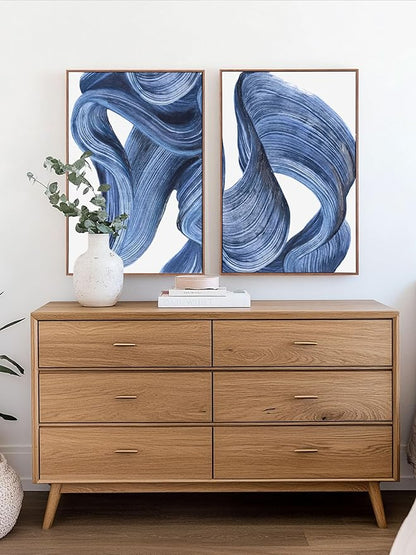 Zessonic Blue Abstract Wall Art Set of 2- Framed Twist Stroke Minimalist Graffiti on White Background Modern Canvas Artwork for Living Room, Bedroom, Office Decor, 16 x 24 Inches x 2