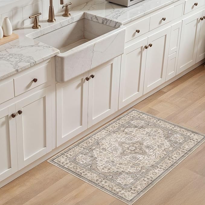EIEIHOUSE Washable Area Rugs for Living Room -2x3 Neutral Vintage Distressed Floral Farmhouse Boho Large Soft Floor Rug Indoor Non Slip Carpet for Bedroom Dining Room Office - Brown/Multi