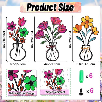 3 Pieces Metal Vase Flowers Wall Arts Decor, Rustic Farmhouse Style Décor Metal Wall Decors Sculptures, Minimalist Flower Natural Themed Decorations for Home Bedroom Gifts(Colorful-C)