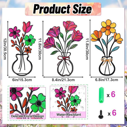 3 Pieces Metal Vase Flowers Wall Arts Decor, Rustic Farmhouse Style Décor Metal Wall Decors Sculptures, Minimalist Flower Natural Themed Decorations for Home Bedroom Gifts(Colorful-C)