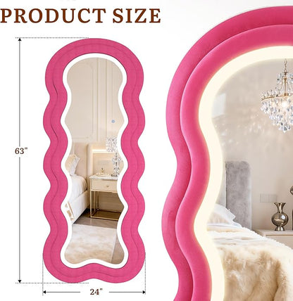 Wavy Full Length Mirror, 63"×24" Irregular Full Body Mirror with 3-Color Adjustable Light, Luxury Velvet Frame Floor/Wall Mounted Mirror for Living Room/Bedroom/Dressing Room, Ideal for Girls