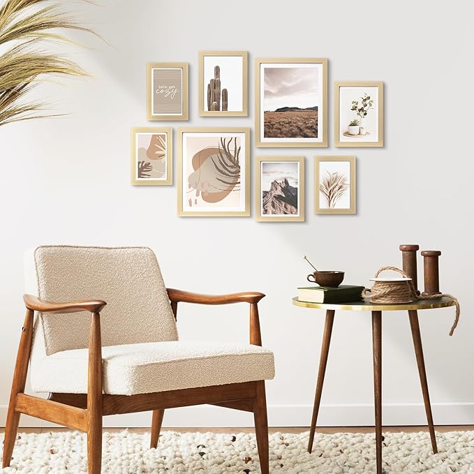 ArtbyHannah Gallery Wall Frame Set,Beige Picture Frames Collage Wall Decor with Neutural Art for Living Room Stariway,8 Pack Assorted Size 8"x10",5"x7",4"x6", Small