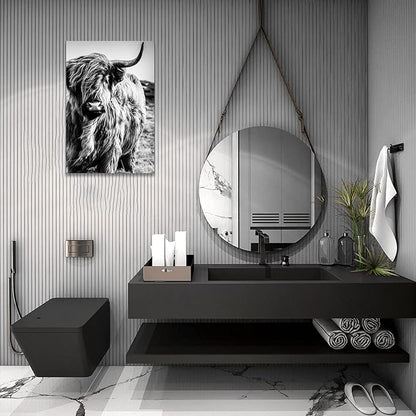 Highland Cow Wall Art Canvas Black and White Cow Picture Prints Framed Artwork for Bathroom Farmhouse Wall Decor (12x16inches)
