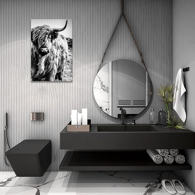 Highland Cow Wall Art Canvas Black and White Cow Picture Prints Framed Artwork for Bathroom Farmhouse Wall Decor (28x44inches)
