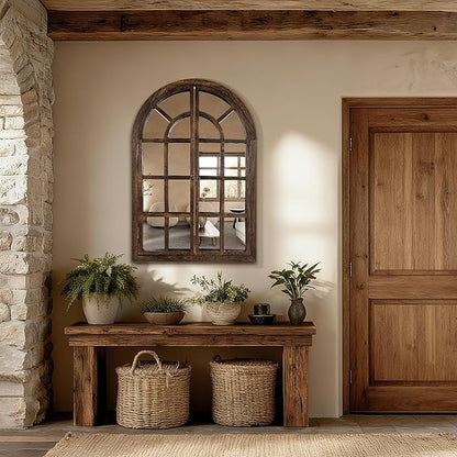 Arched Wall Mirror with Wood Window Frame, 38x26 Vintage Rustic Arch Farmhouse Mirror for Wall, Living Room, Bedroom, Entryway(Brown)