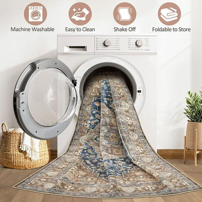 6x8 Area Rug Living Room: Washable Boho Large Neutral Vintage Soft Rugs Stain Resistant Farmhouse Non-Slip Indoor Floor Carpet for Bedroom Nursery Kids Office Dining Room Playroom- Yellow Blue